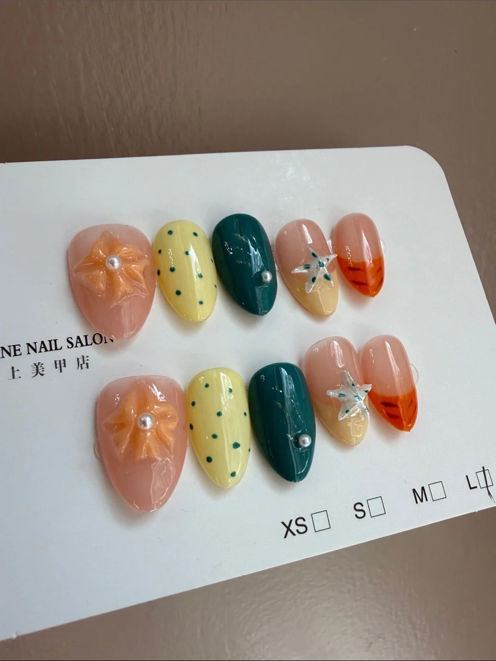 3D Summer Starfish Press-On Nails — Teal, Peach, Yellow, Orange short almond